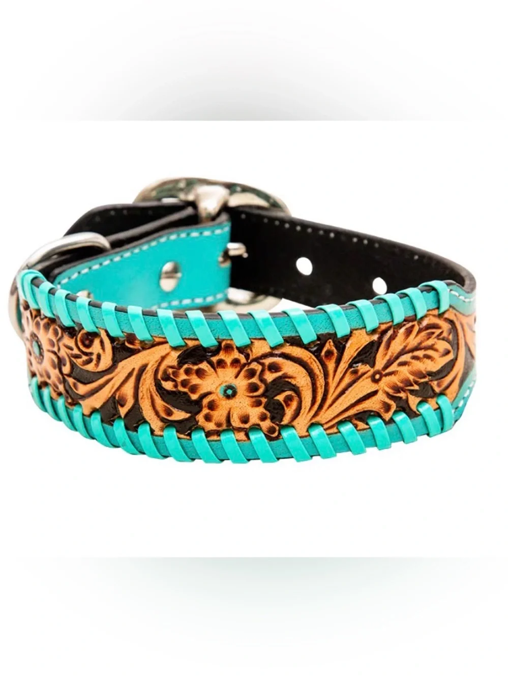 MYRA ACETY HAND-TOOLED LEATHER DOG COLLAR TURQUOISE BUCKSTITCH LARGE 18”-22”